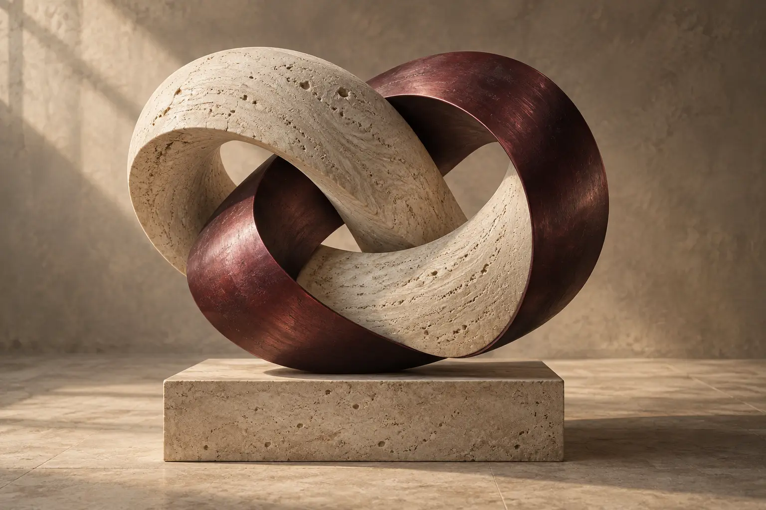 Ivory stone and burgundy metal support each other in a single sculptural form.